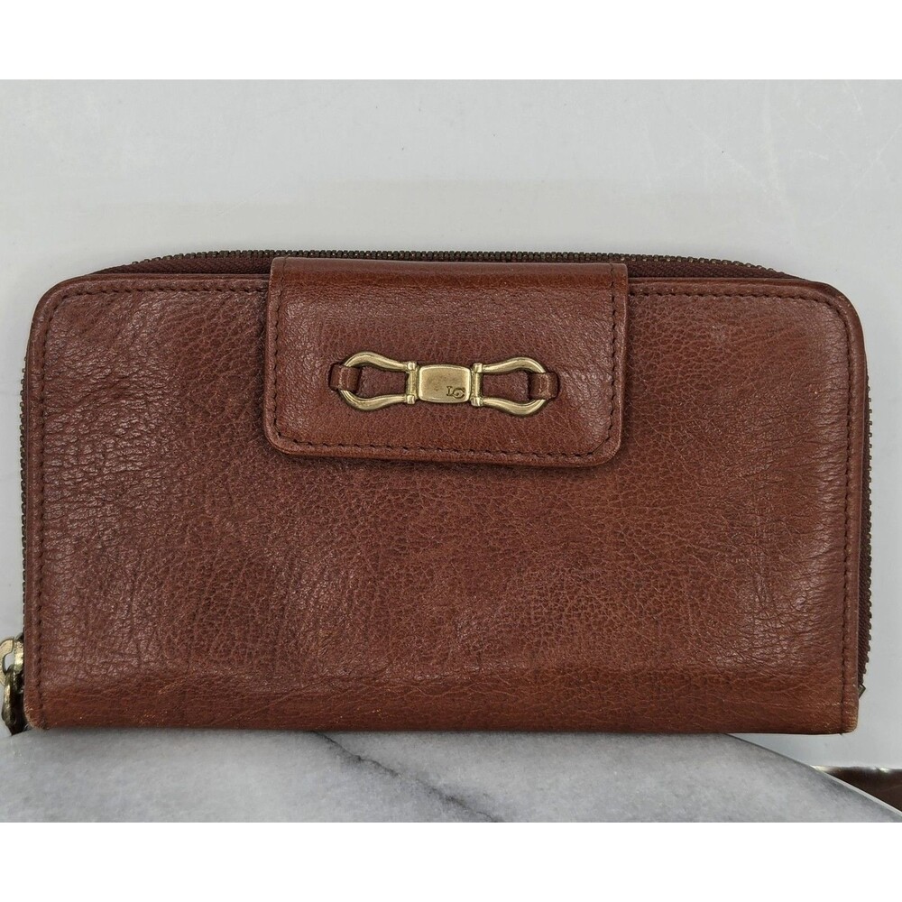 LC Wallet Womens One Size Brown Leather Zip Around Logo Credit Card Organizer